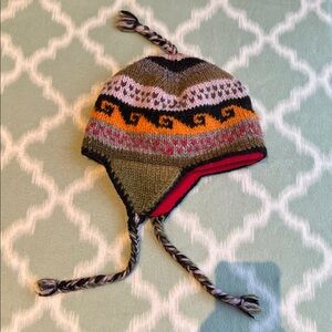 NWT Handknit in Nepal green orange 100% wool hat lined with fleece fabric